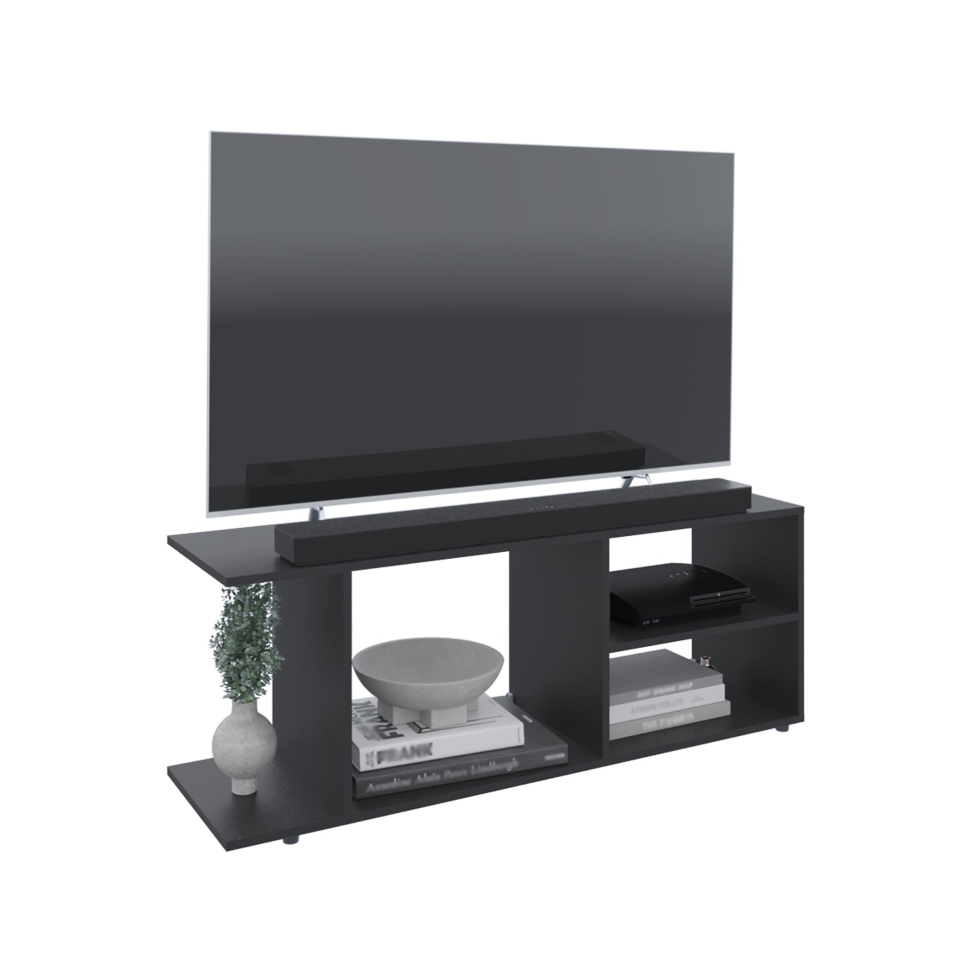 Sleek black TV stand with modern minimalist design and ample storage for media consoles