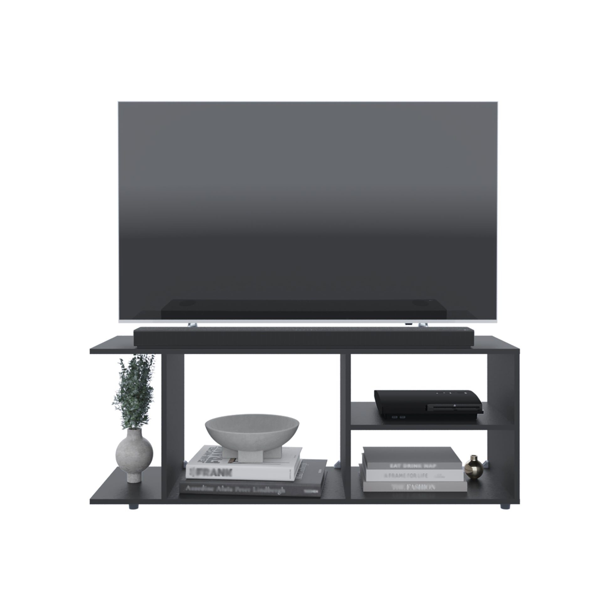 Black modern TV stand with a wide shelf for electronics and decorative items
