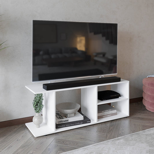 Sleek white media console with open shelving perfect for a modern living room setup