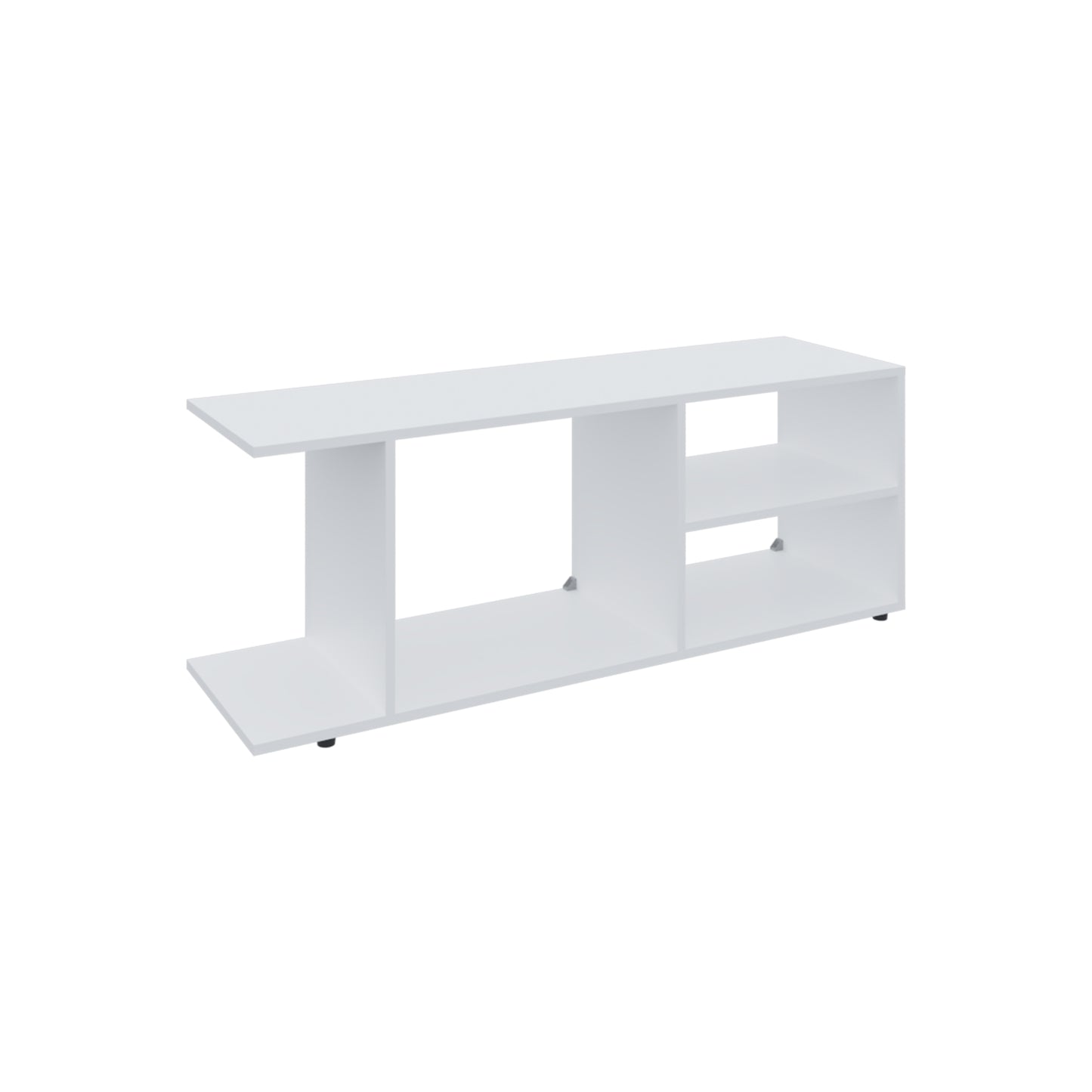 Sleek white minimalist TV stand with open shelving and a modern design