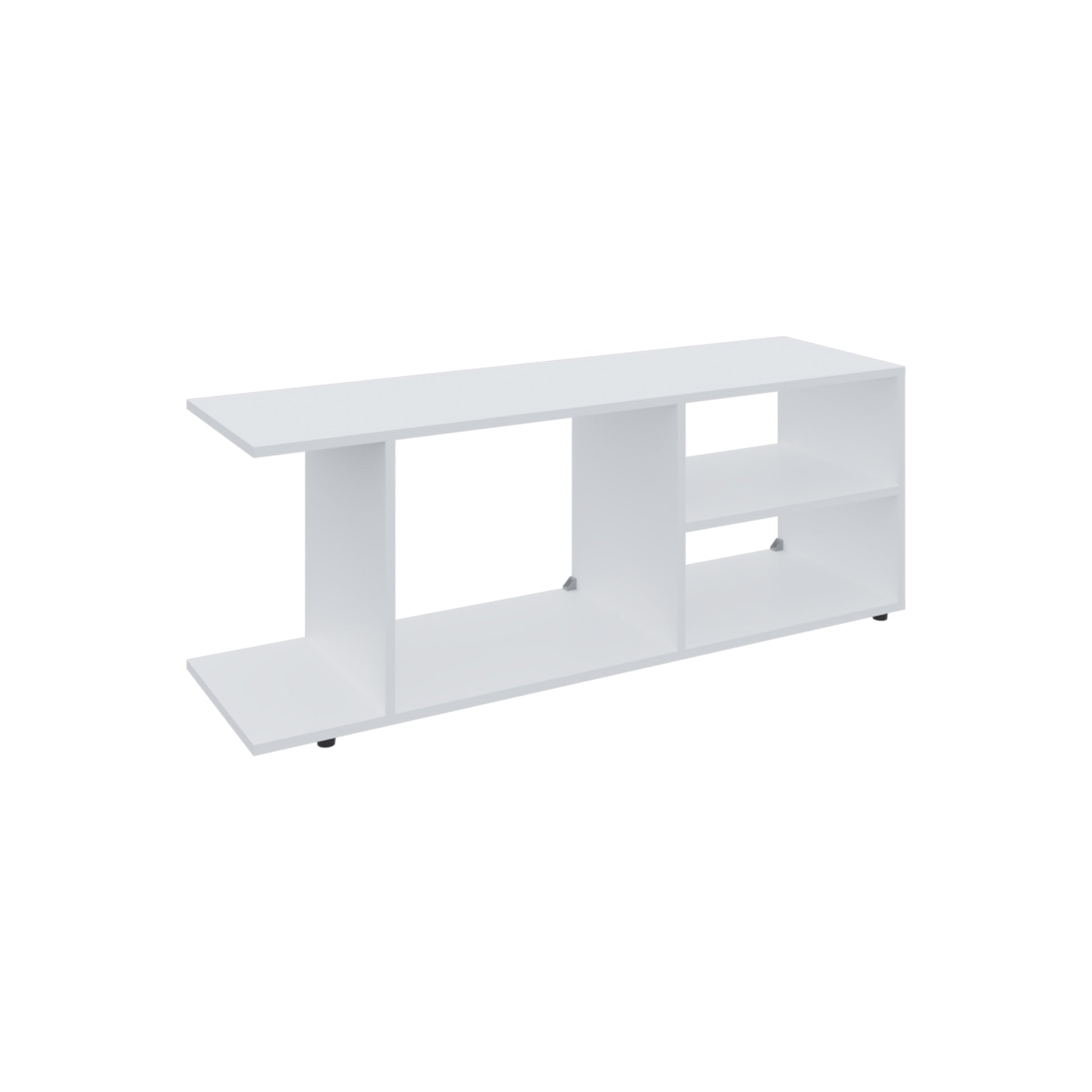 Sleek white minimalist TV stand with open shelving and a modern design