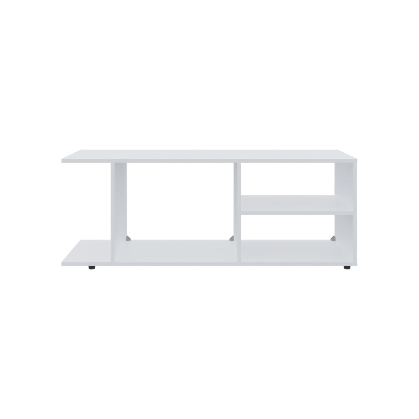 Modern white media console with open shelving and clean lines
