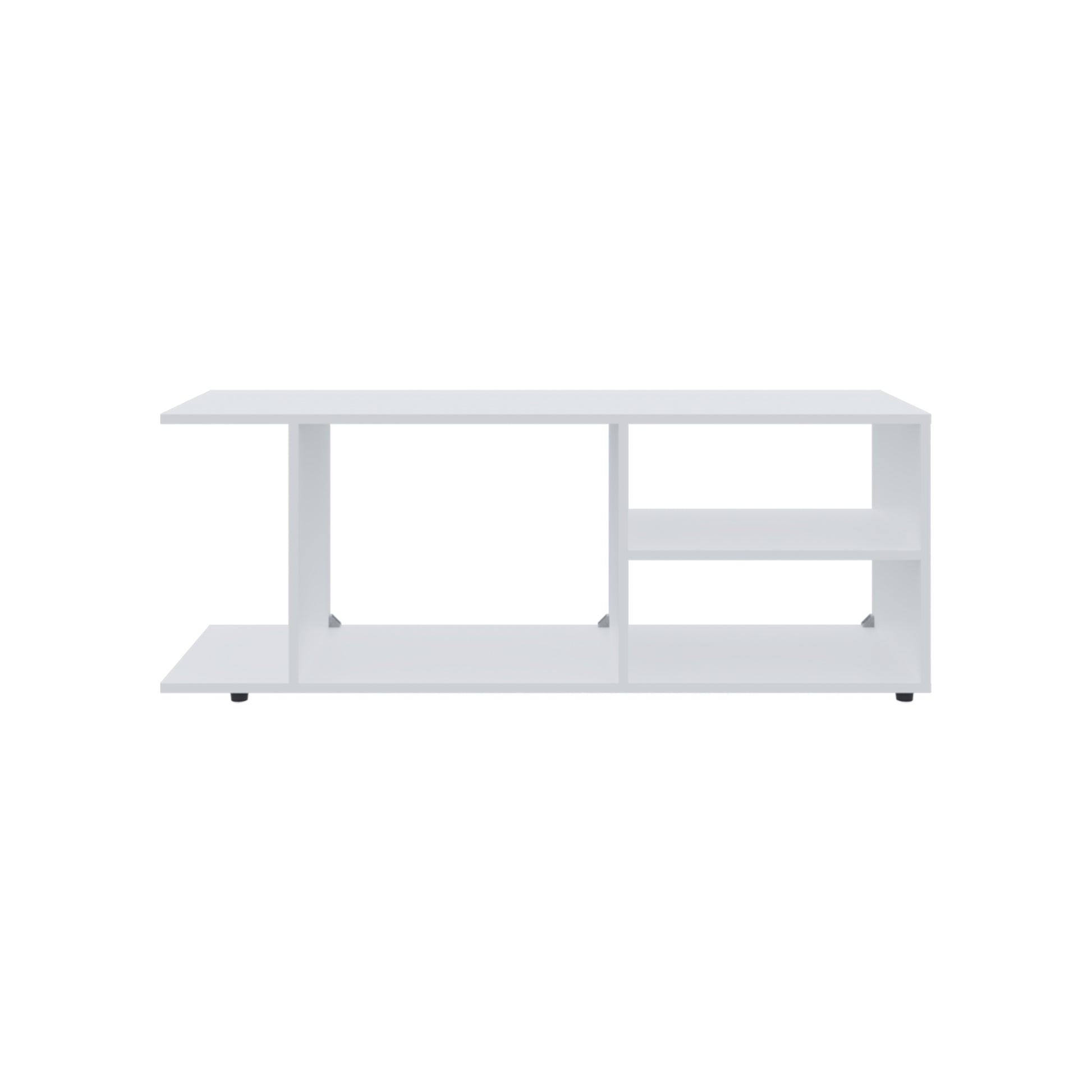 Modern white media console with open shelving and clean lines