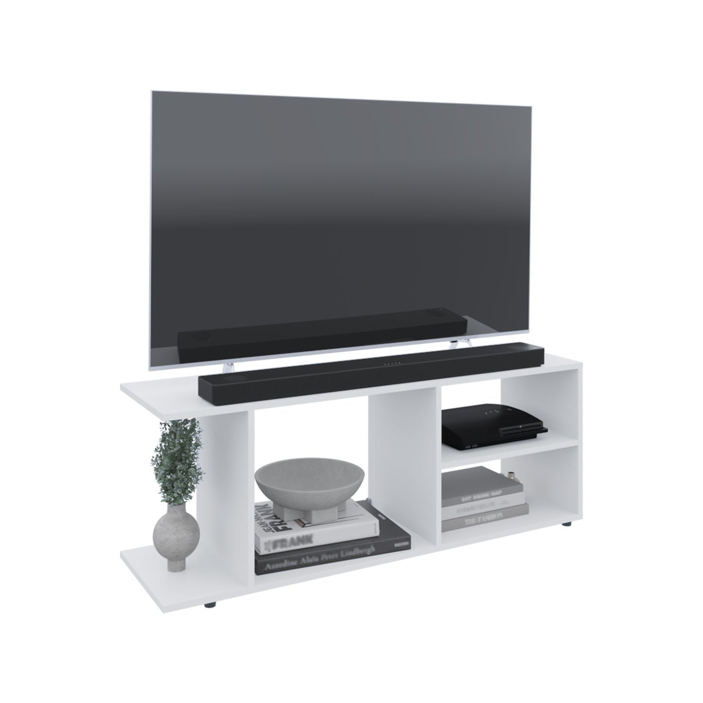 Modern white media console holding a TV soundbar gaming console and decor