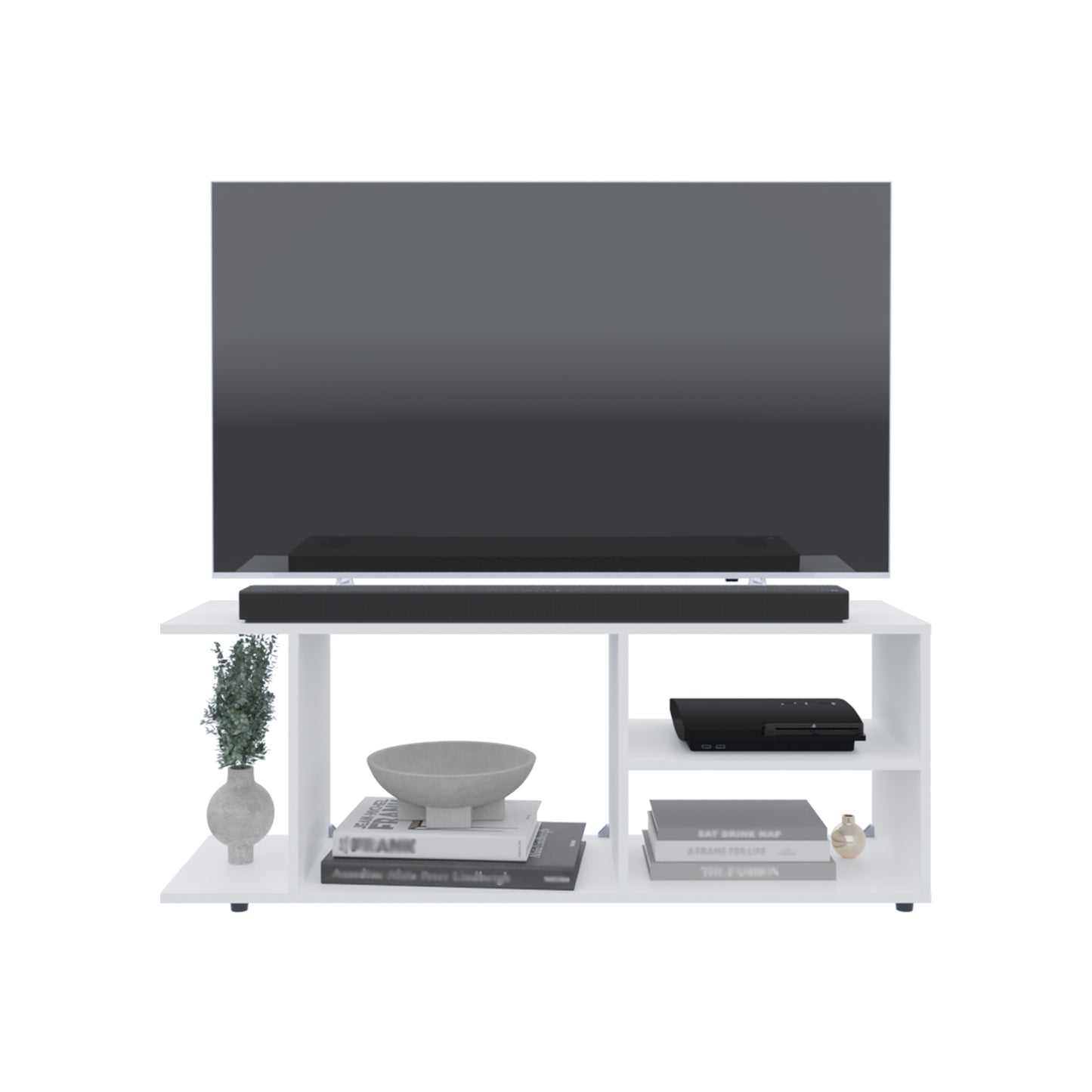White media console holding a flatscreen TV and soundbar with shelves below for electronics and decor