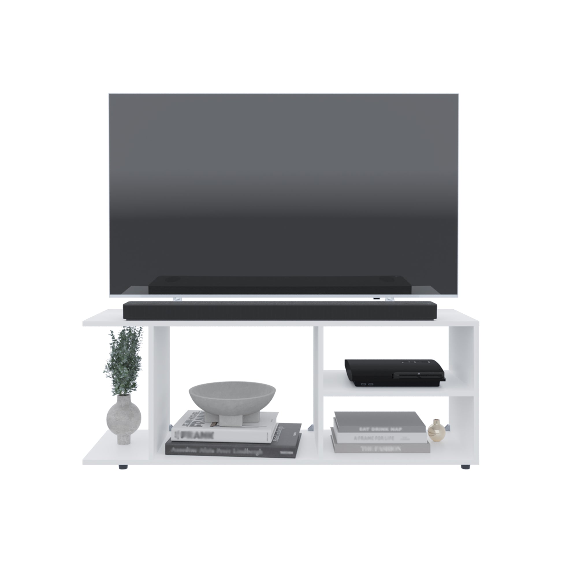 White media console holding a flatscreen TV and soundbar with shelves below for electronics and decor