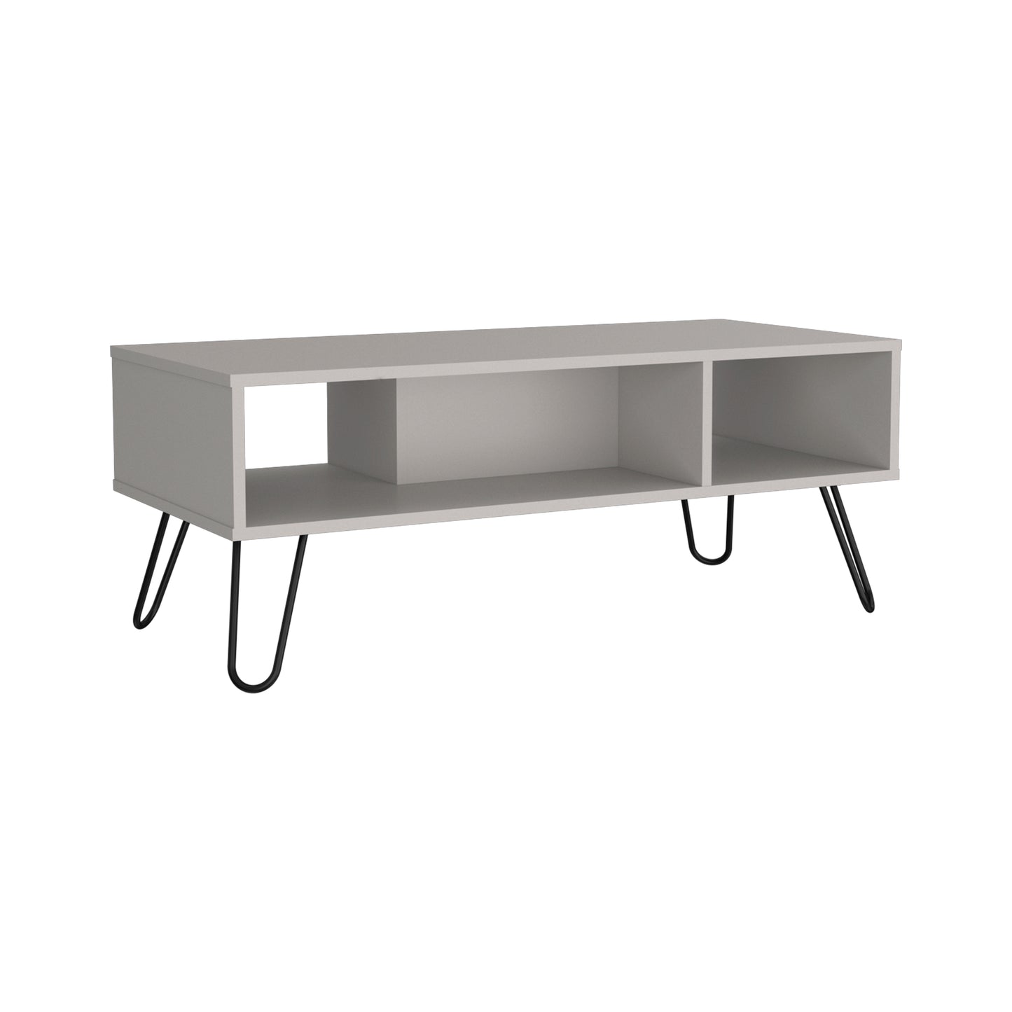 Grey modern media console with open shelves and black hairpin legs