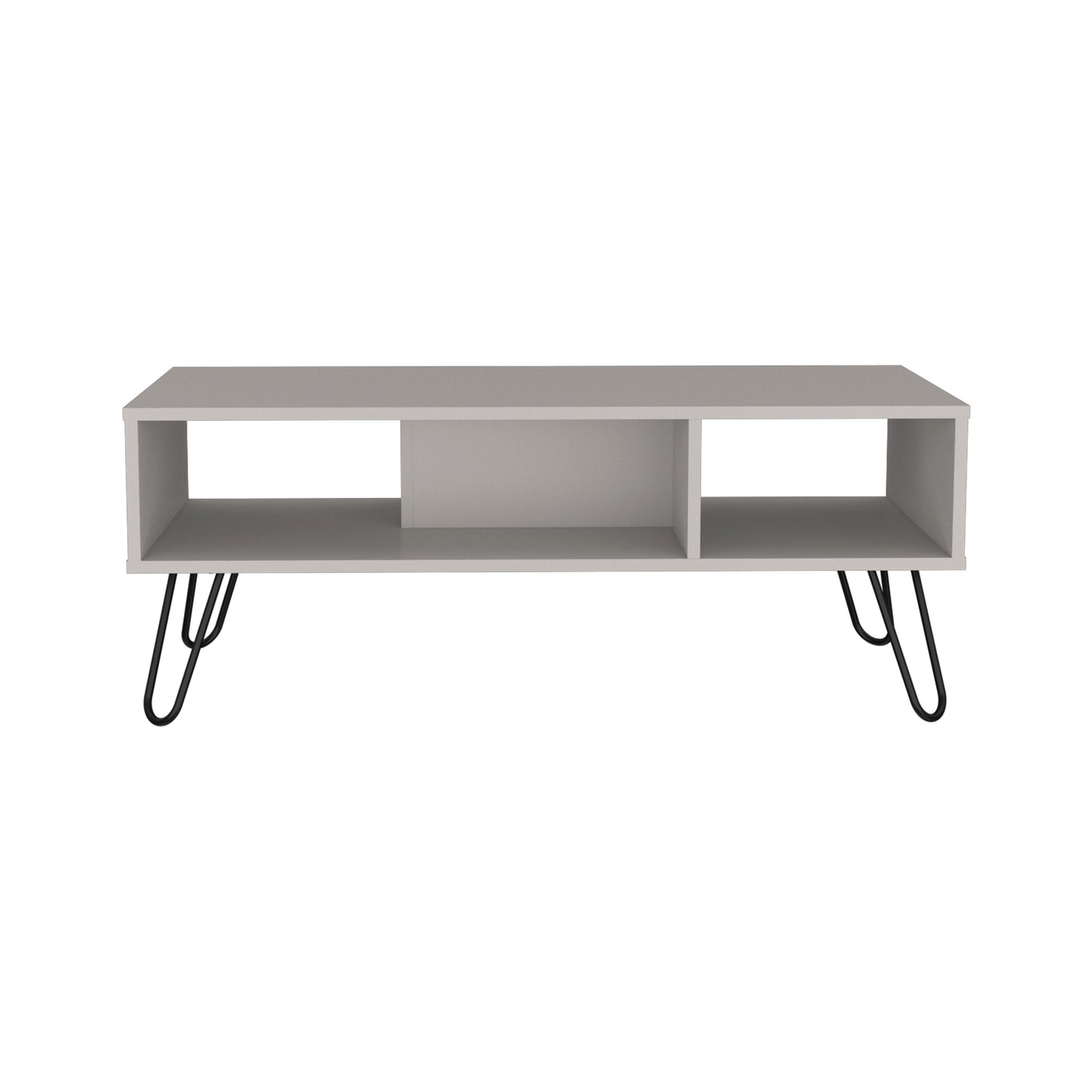 Gray modern media console with open shelving and black hairpin legs