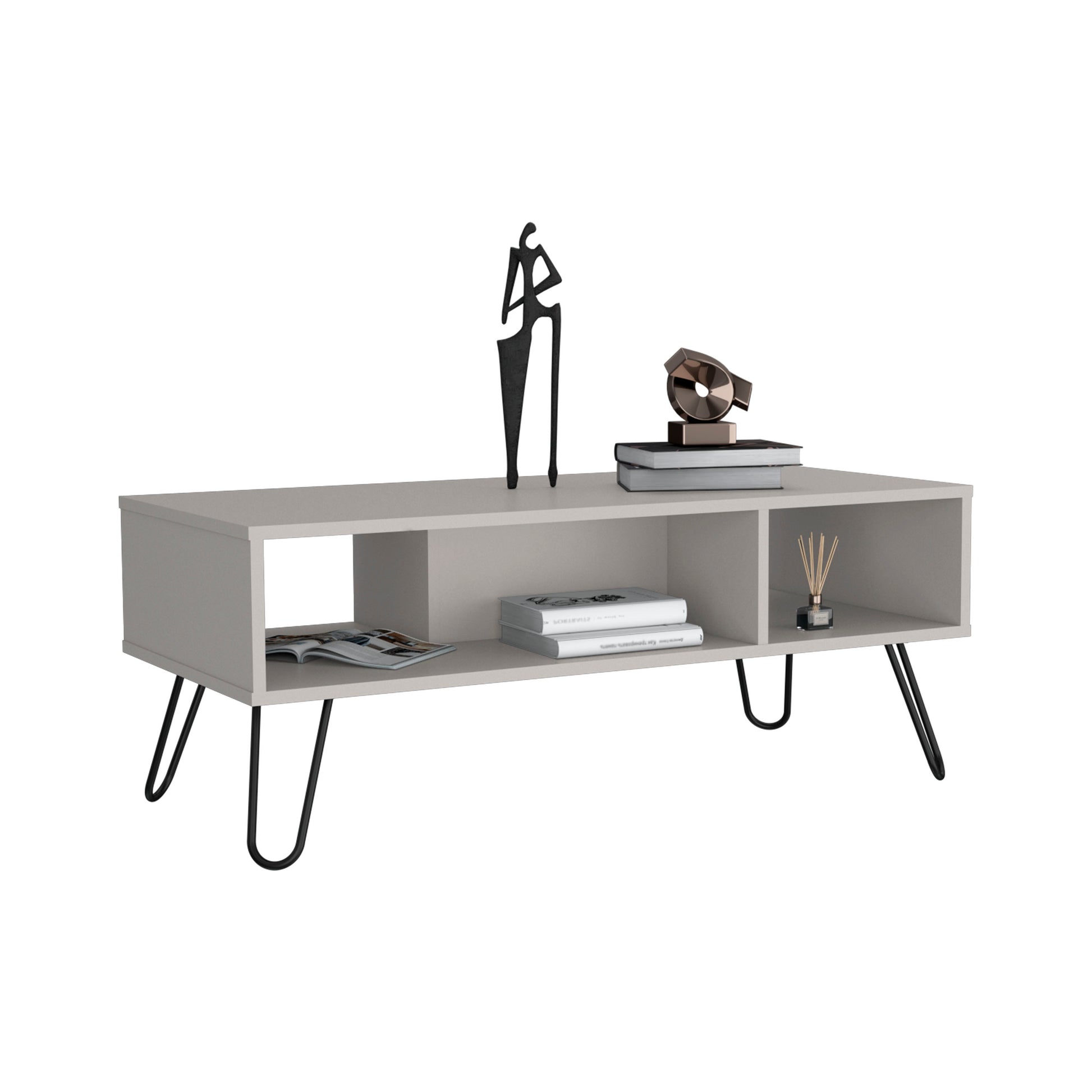 Modern grey TV stand with hairpin legs featuring open shelving for media components