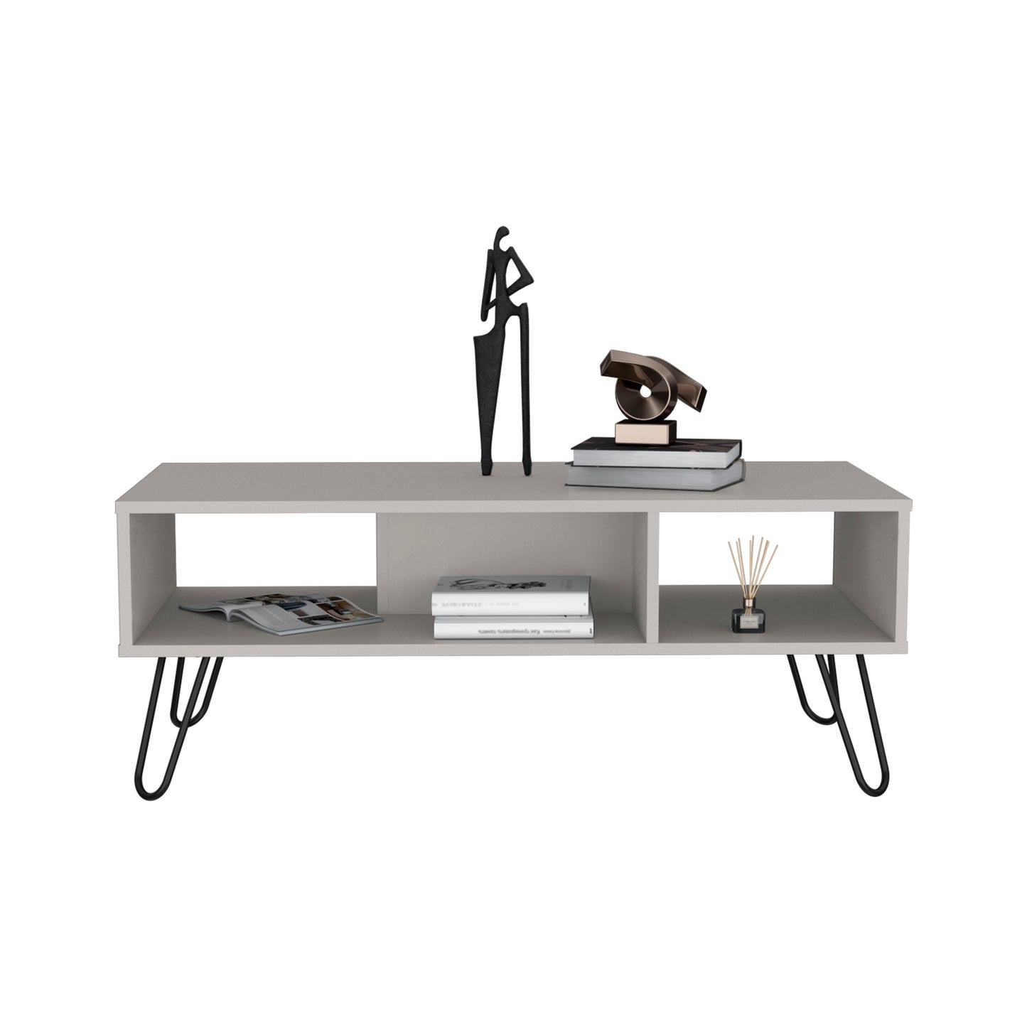 Modern gray media console with open shelving and black hairpin legs