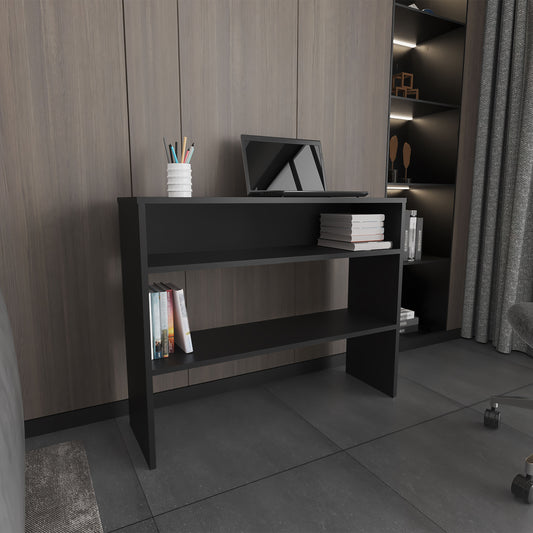 Sleek black console table with open shelving perfect for home office organization