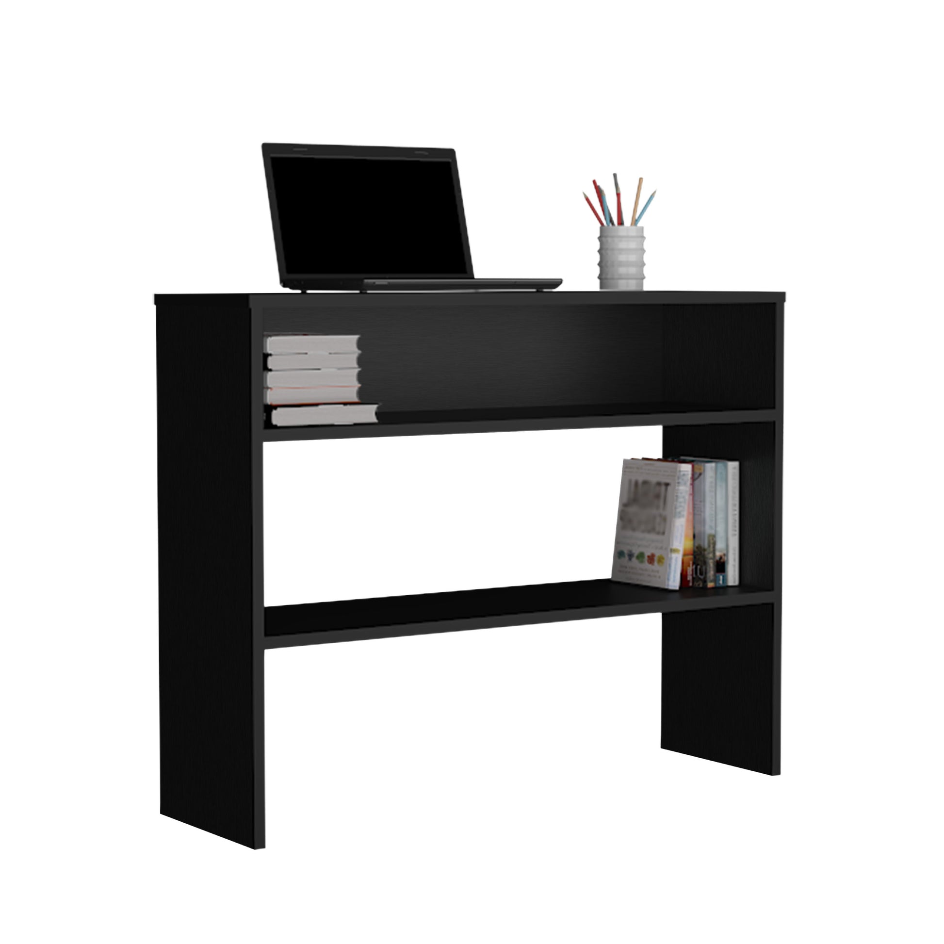 Black compact desk with laptop books and pencil holder