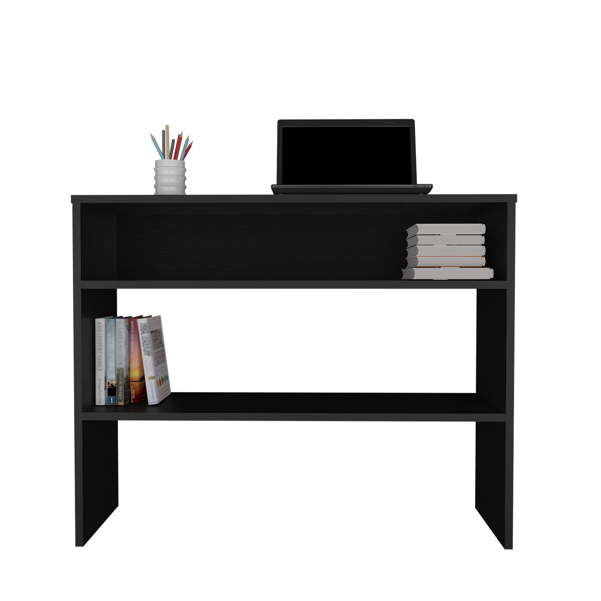 Black minimalist desk with laptop pencils in vase and books on shelves