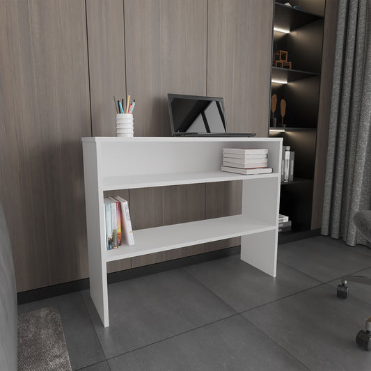 White modern console desk with two open shelves laptop and books displayed