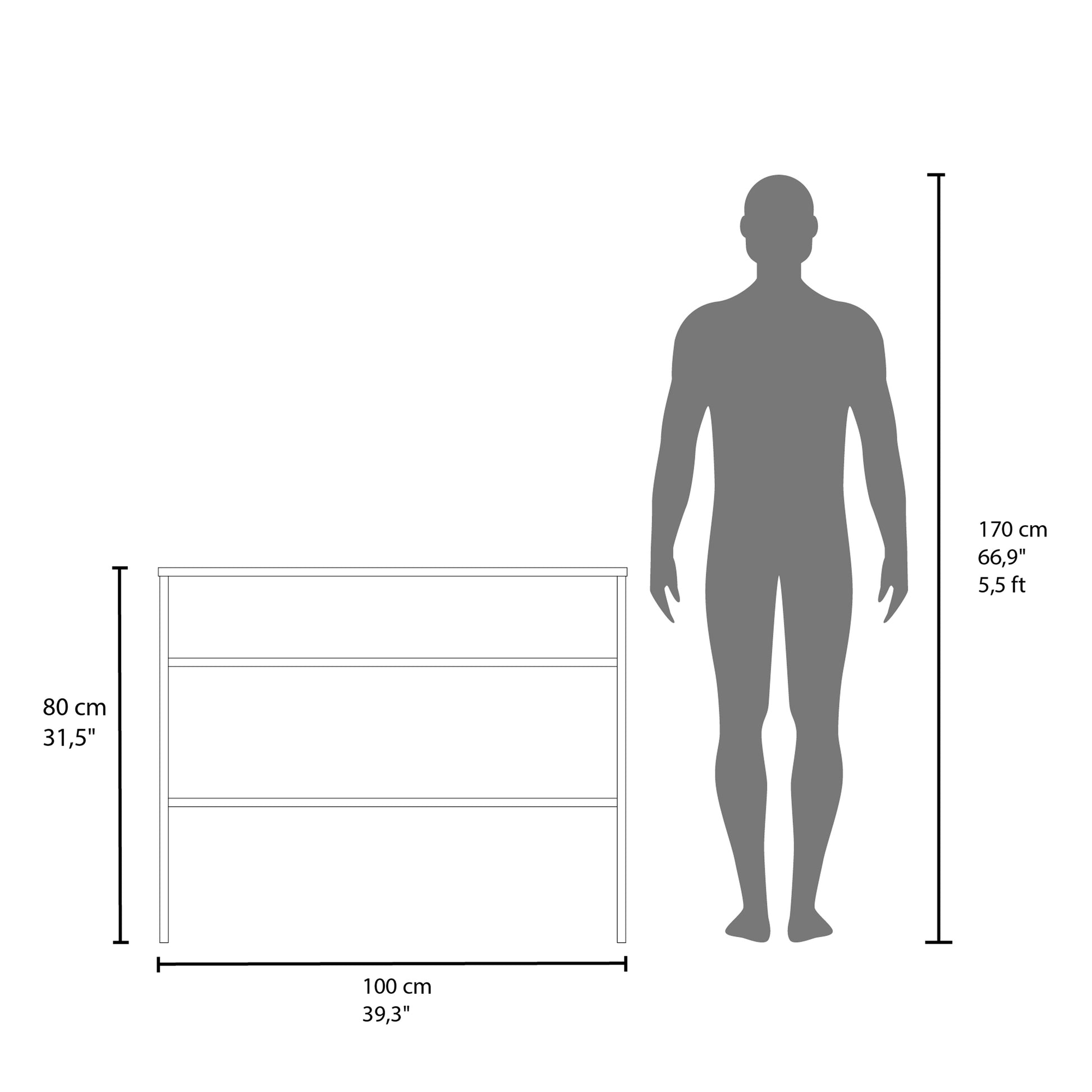 Diagram showing a cm person next to an cm tall cm wide shelving unit