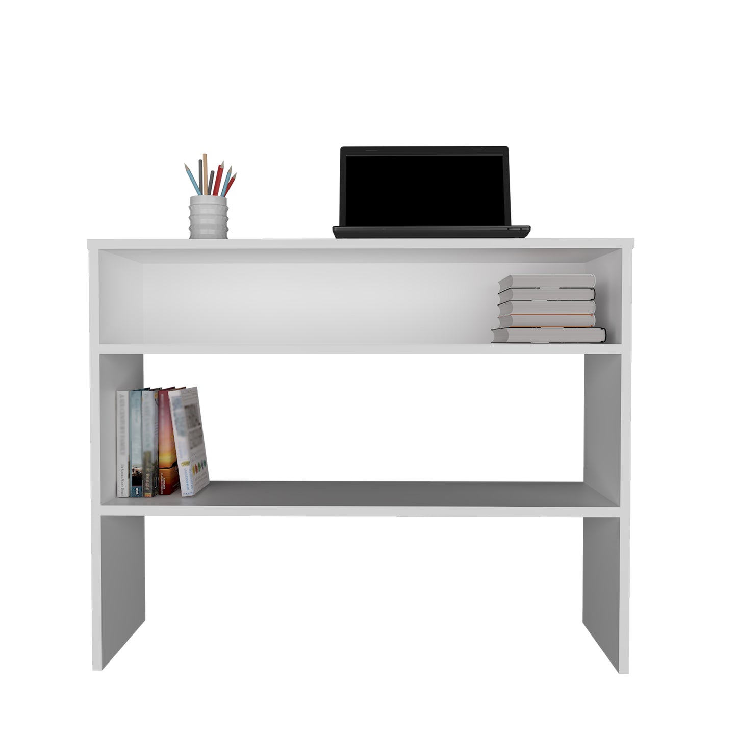 White modern bookshelf with a laptop and colorful pencils on top shelf