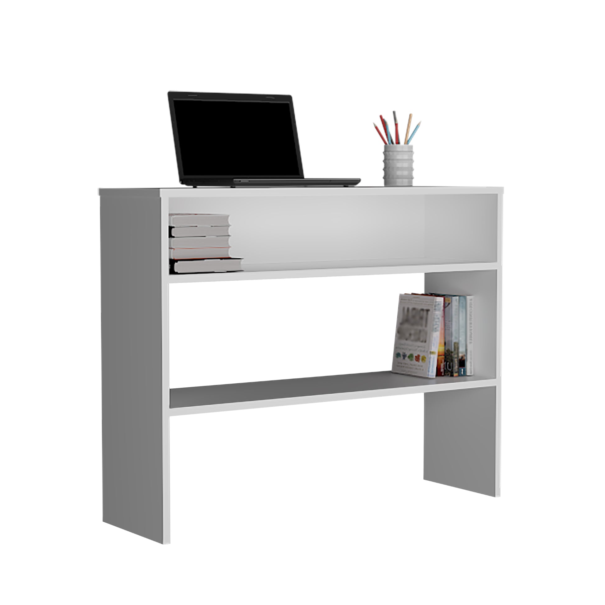 Modern white compact desk with open shelving laptop and books for home office use