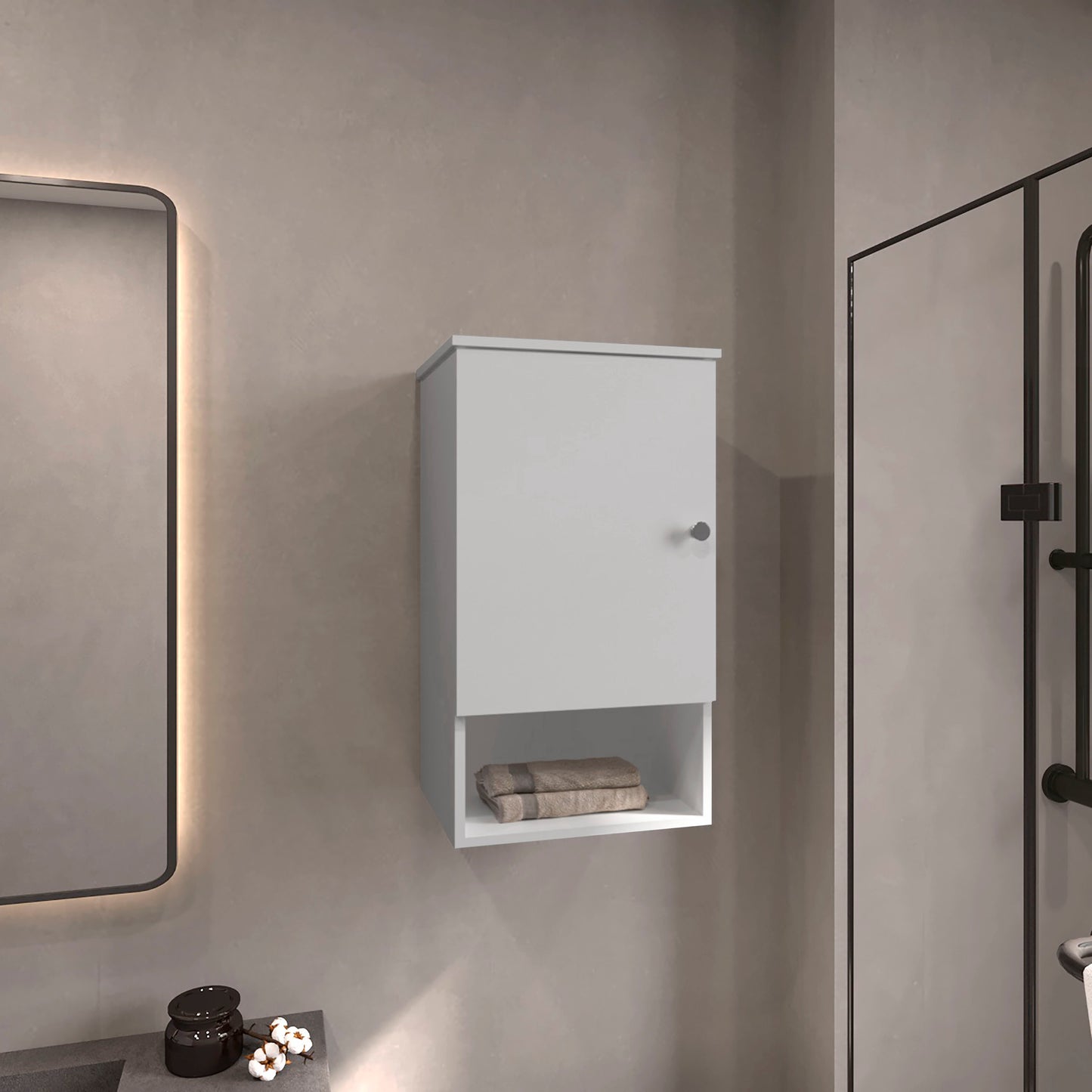 White wallmounted bathroom cabinet with open shelf holding two folded towels