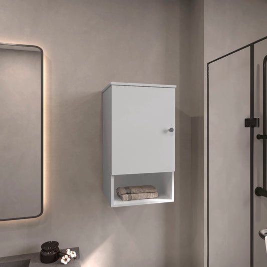 White wallmounted bathroom cabinet with open shelf holding two folded towels