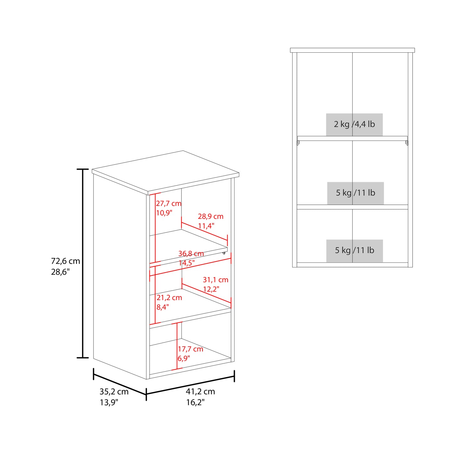 Line drawing of a white bookshelf showing dimensions and weight capacity per shelf