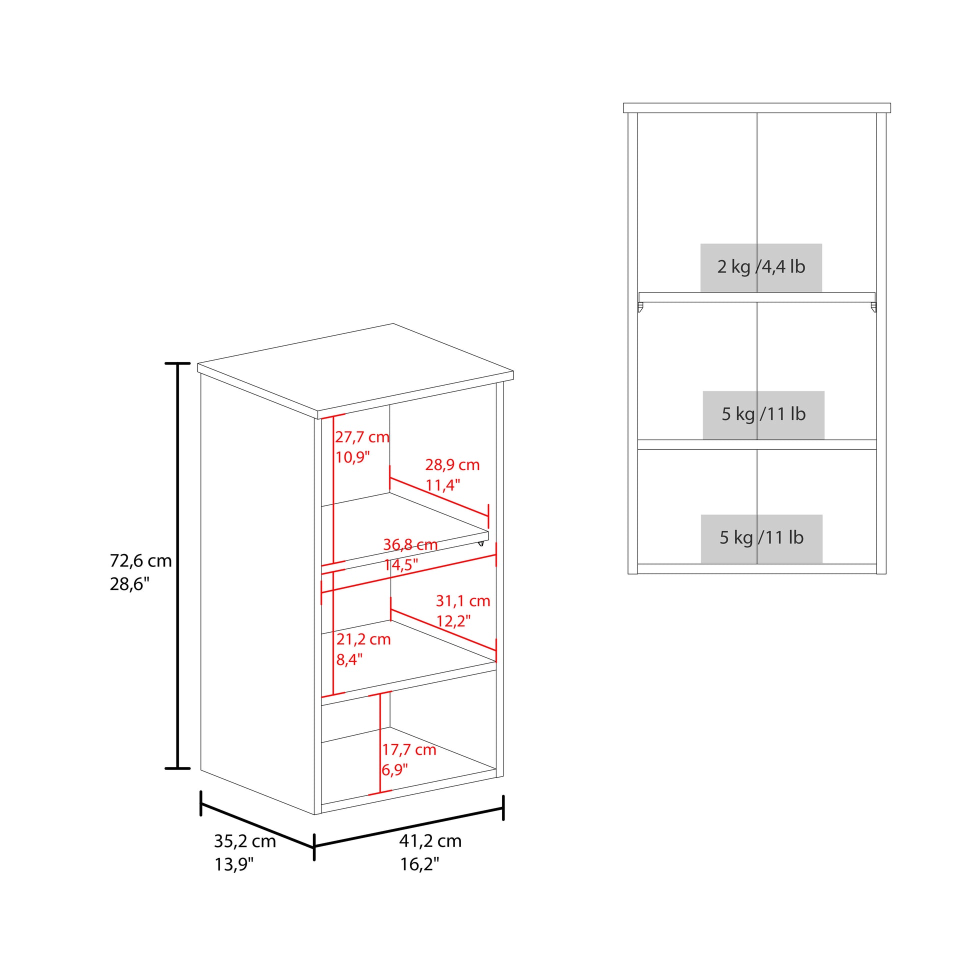 Line drawing of a white bookshelf showing dimensions and weight capacity per shelf