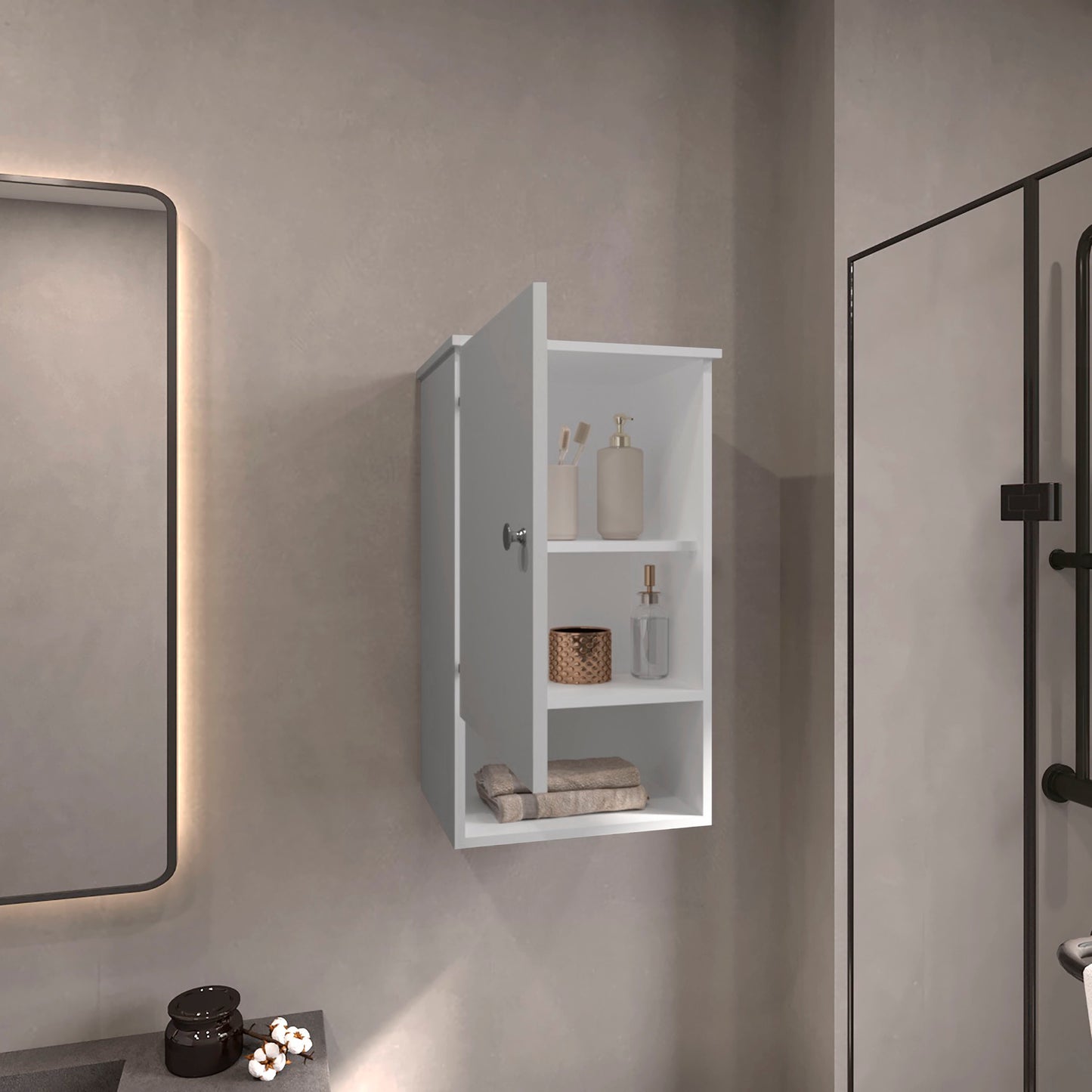 White bathroom medicine cabinet with open door holding toiletries and towels