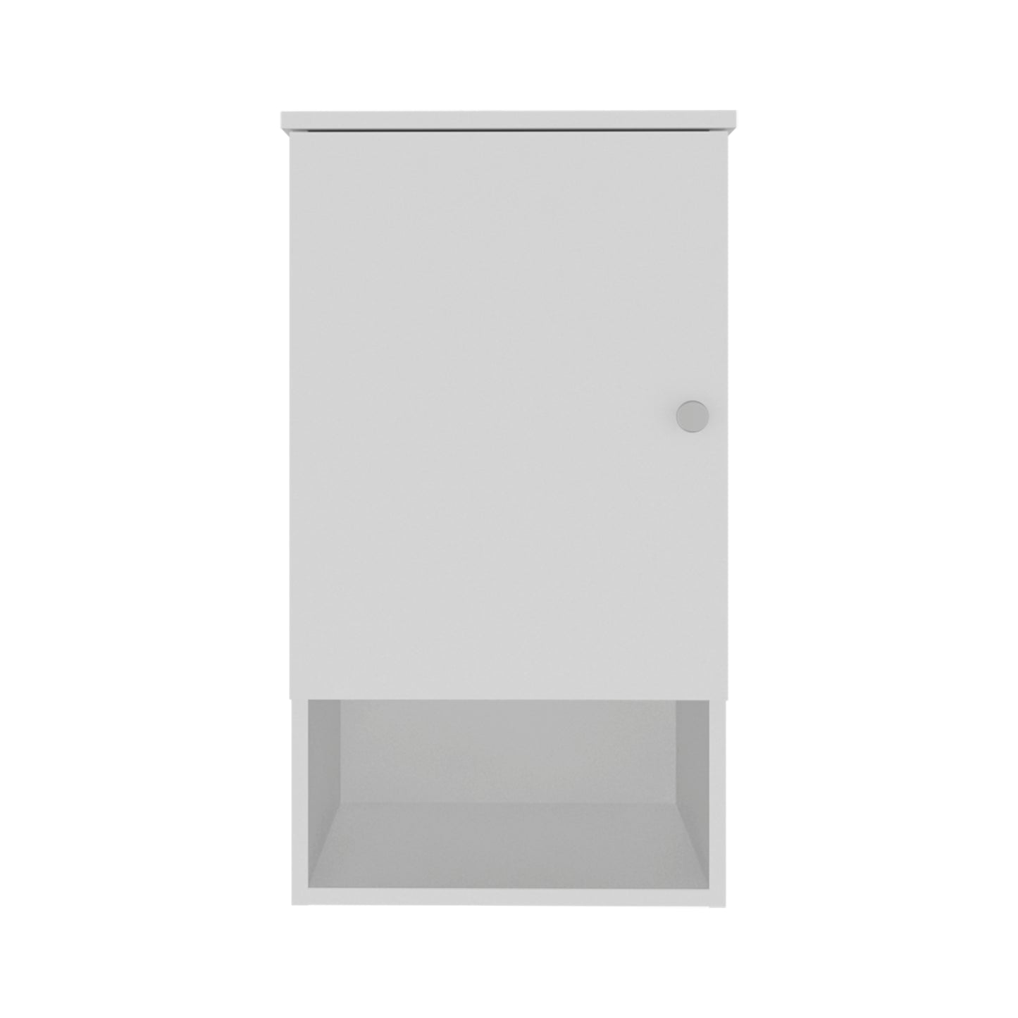 White wallmounted medicine cabinet with a single door and open shelving below