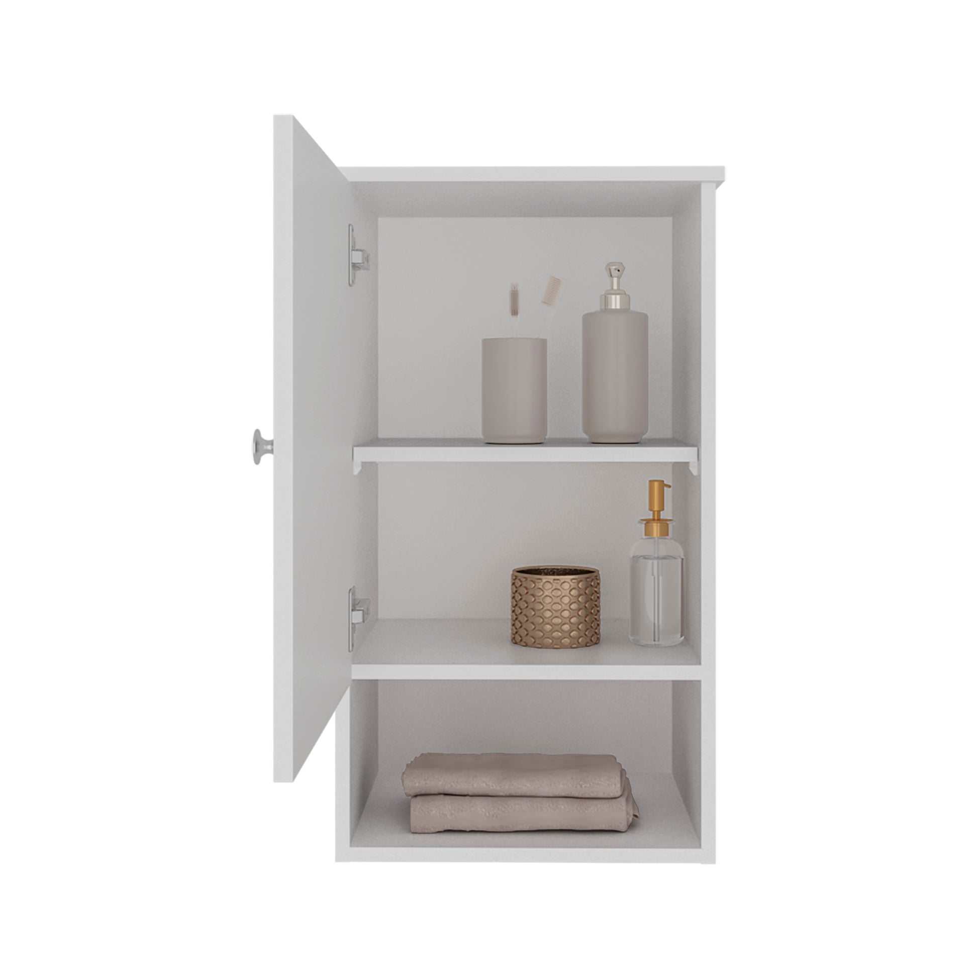 White wallmounted bathroom cabinet with one open door displaying toiletries and folded towels