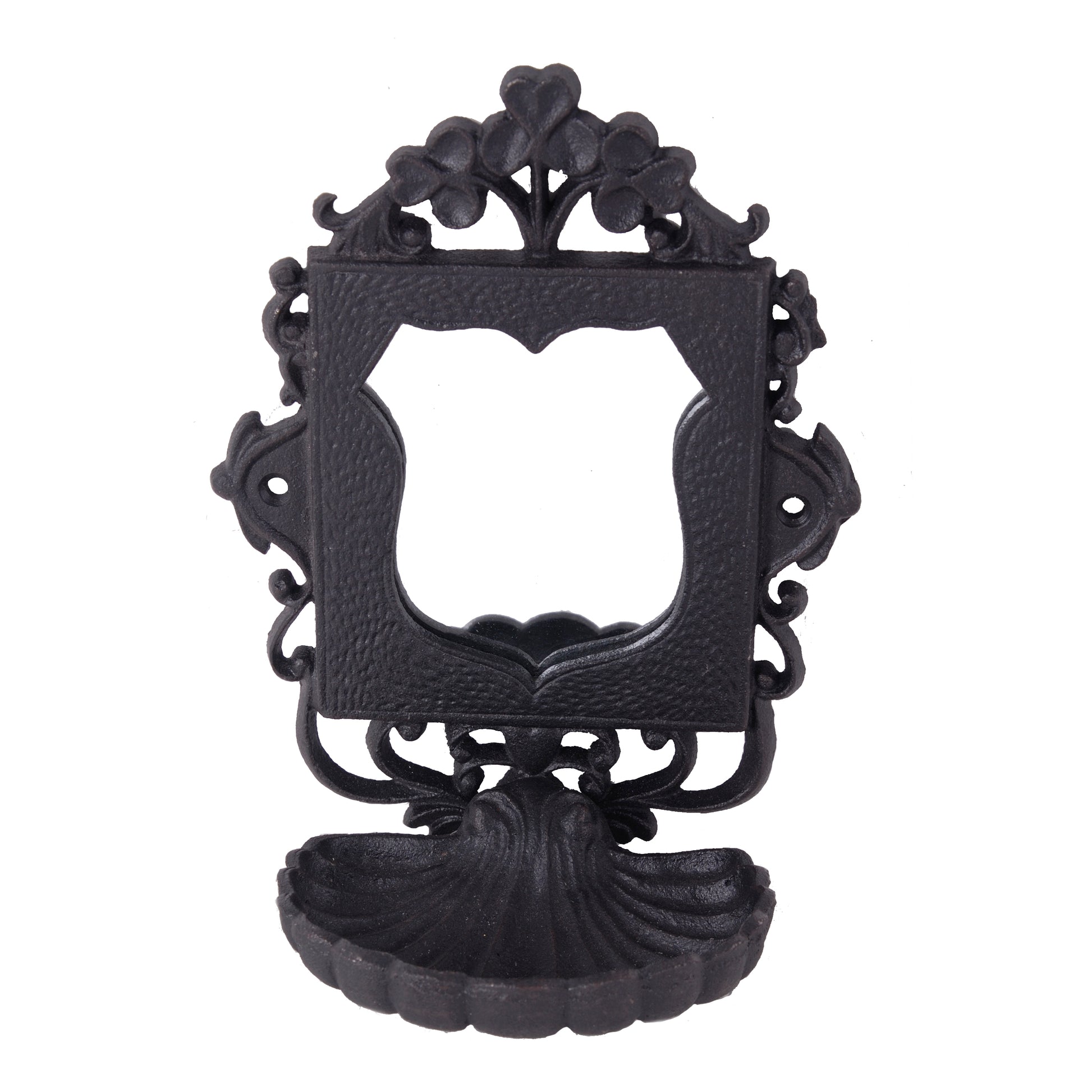 Ornate black cast iron wall mount with shellshaped drip catcher