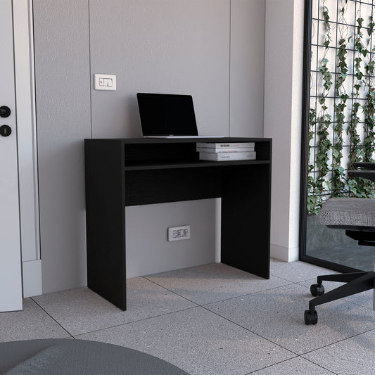 Sleek black minimalist computer desk with laptop and books perfect for home office