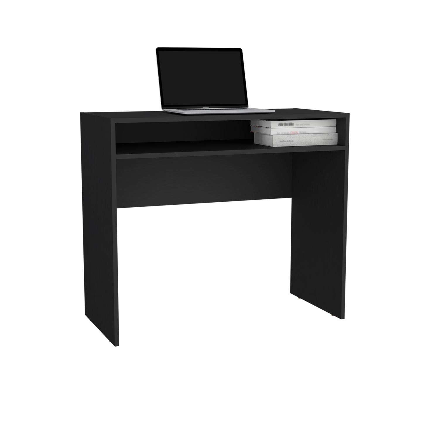 Sleek black modern computer desk with an open shelf and a laptop ideal for home office use