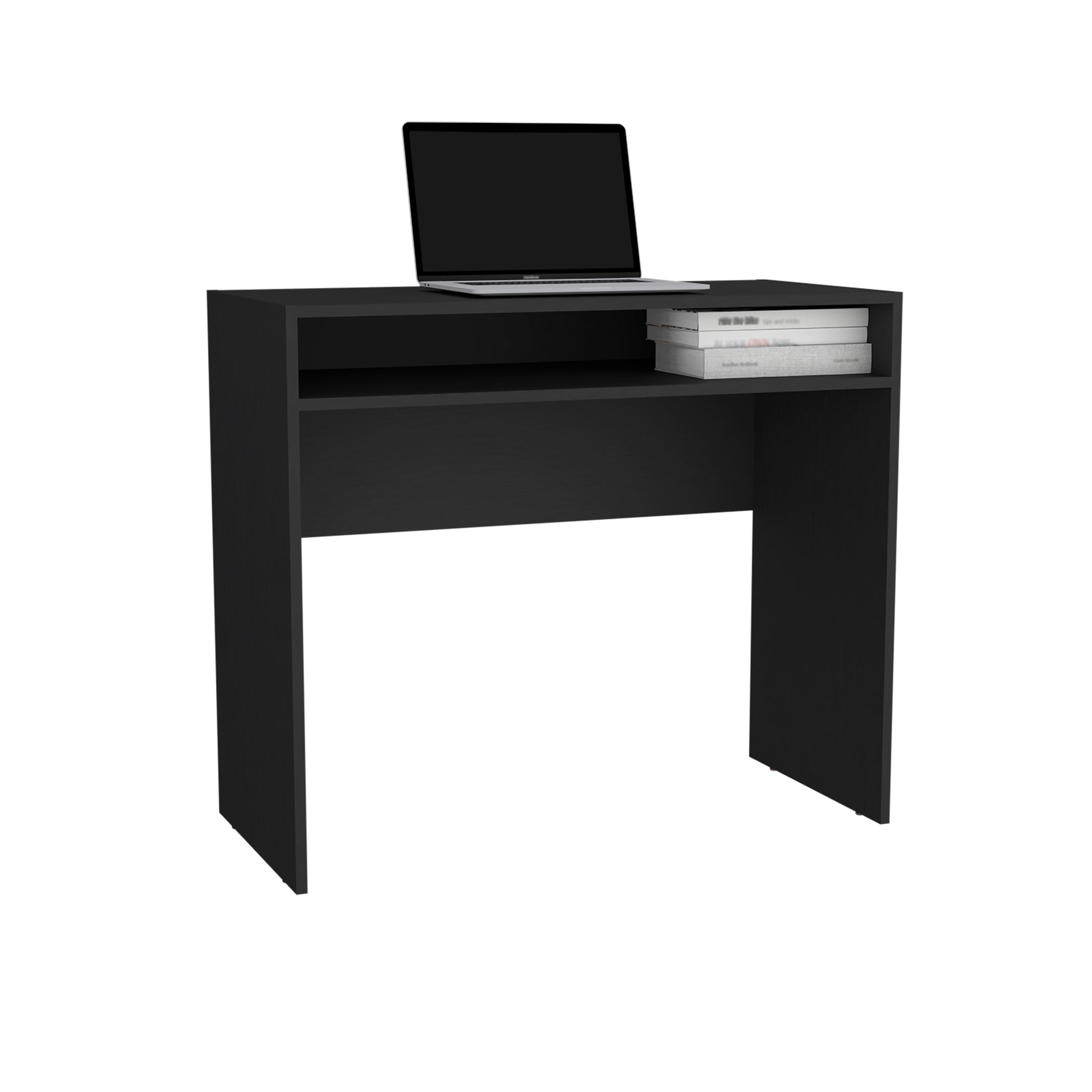 Sleek black modern computer desk with an open shelf and a laptop ideal for home office use