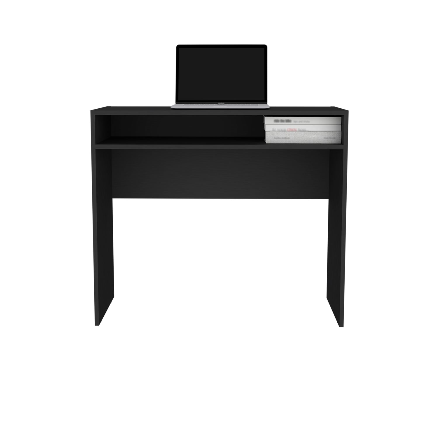 Sleek black modern computer desk with open shelf and integrated laptop station