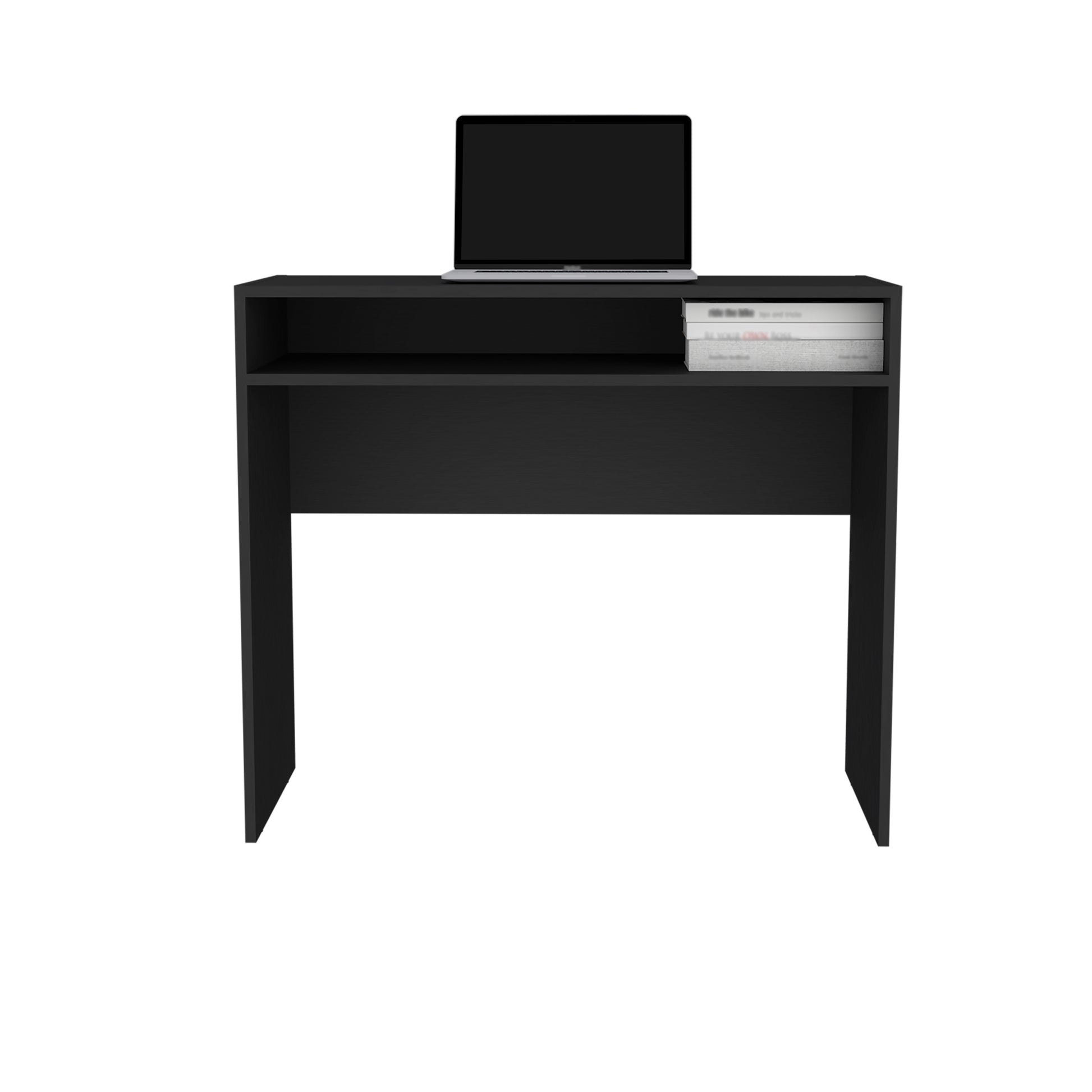 Sleek black modern computer desk with open shelf and integrated laptop station