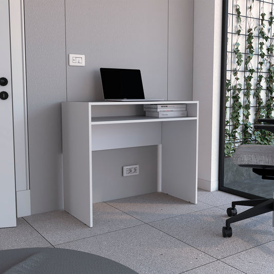 Minimalist white desk with open shelving laptop and books