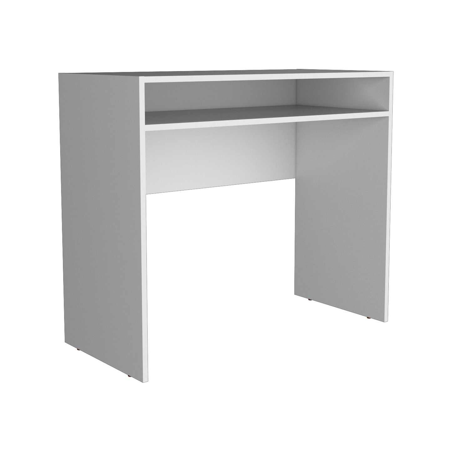 Modern white console desk with a single open shelf for storage and display