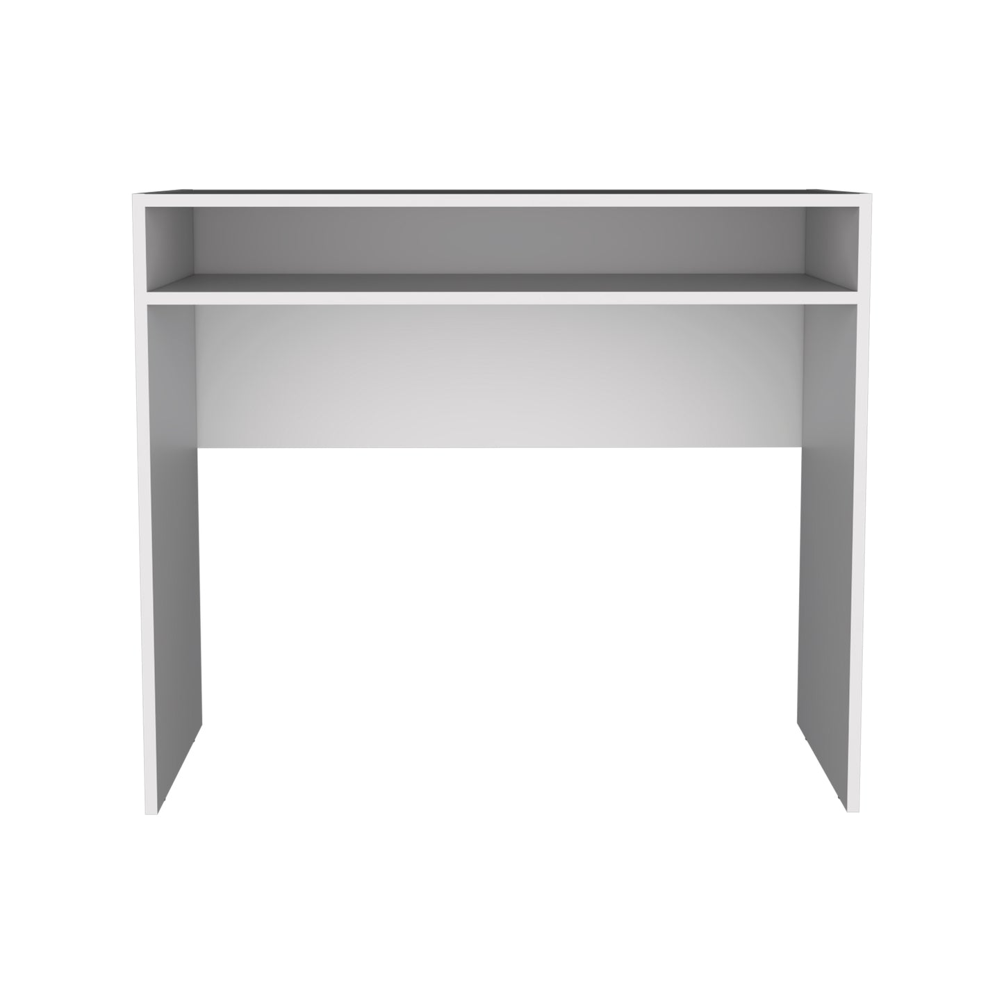 Minimalist white desk shelf with open storage compartments