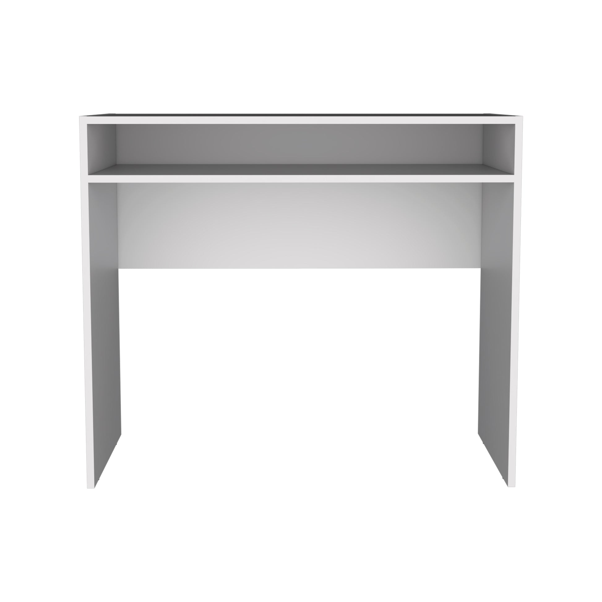 Minimalist white desk shelf with open storage compartments