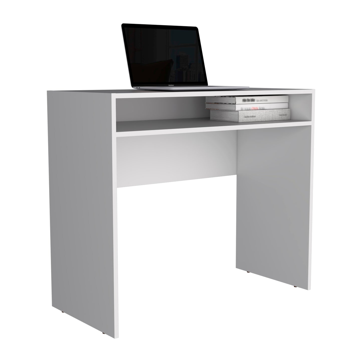Compact white desk with open shelf and laptop