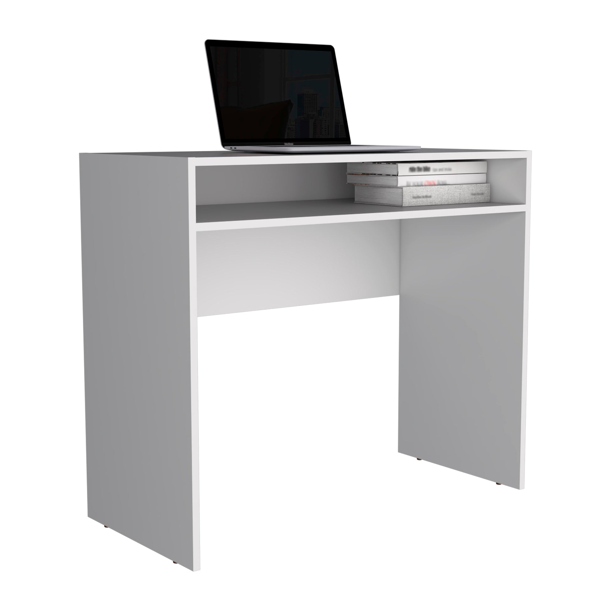 Compact white desk with open shelf and laptop