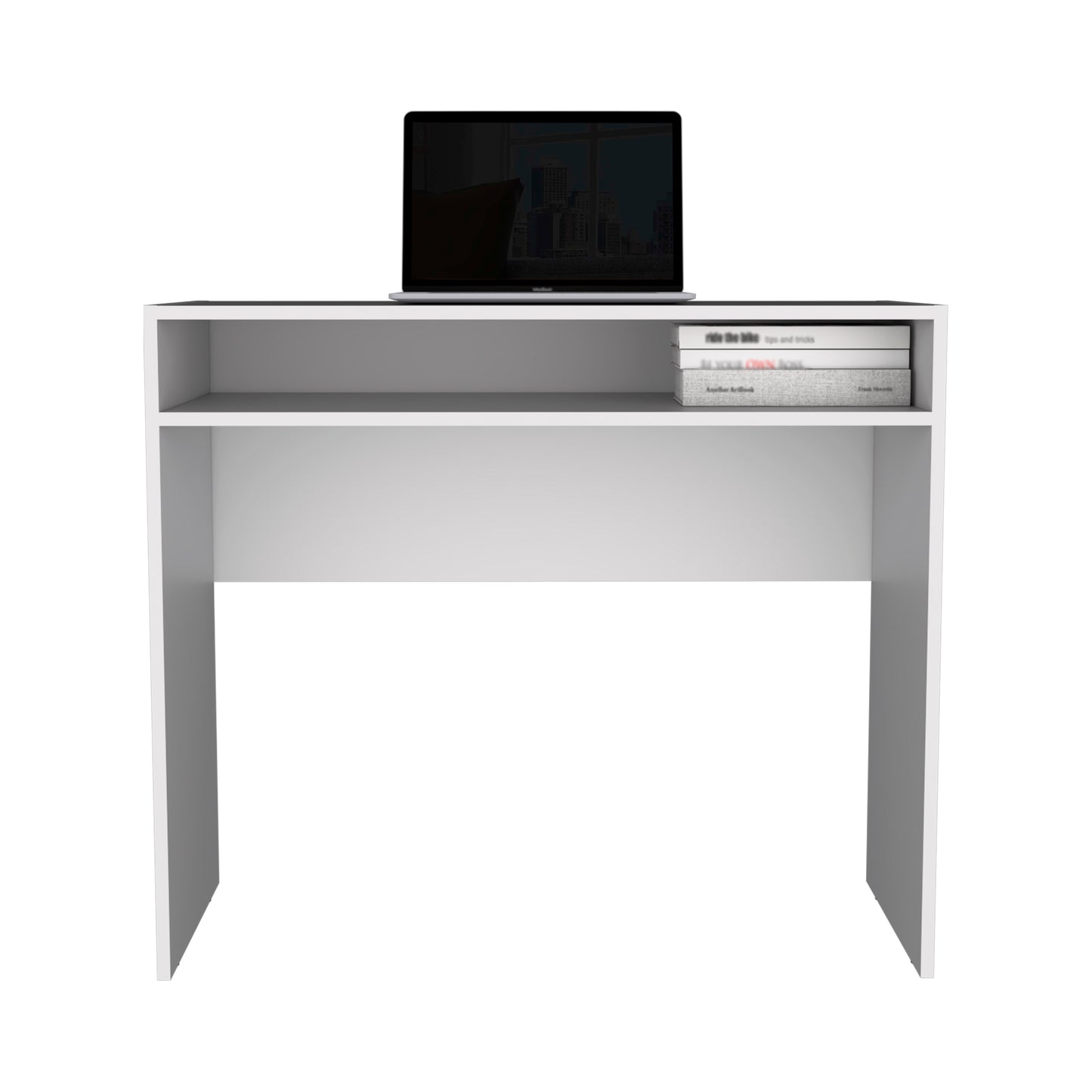Minimalist white entryway table with a laptop and books on top shelf
