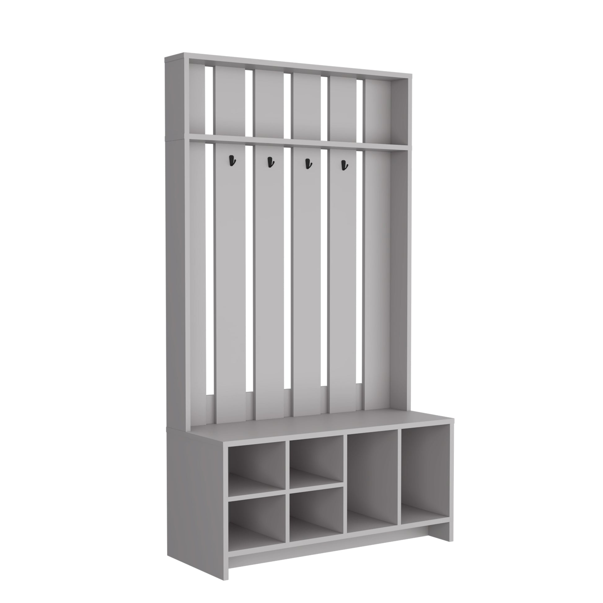 Grey entryway bench with coat hooks and shoe cubbies