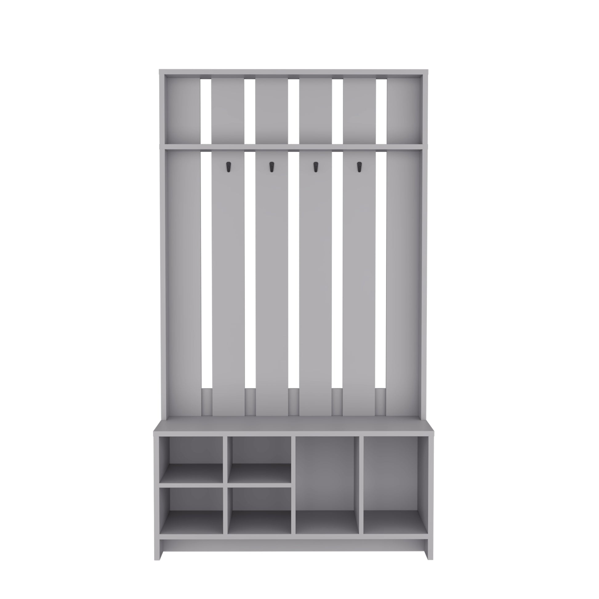 Gray modern hall tree with multiple shelves and coat hooks for entryway organization