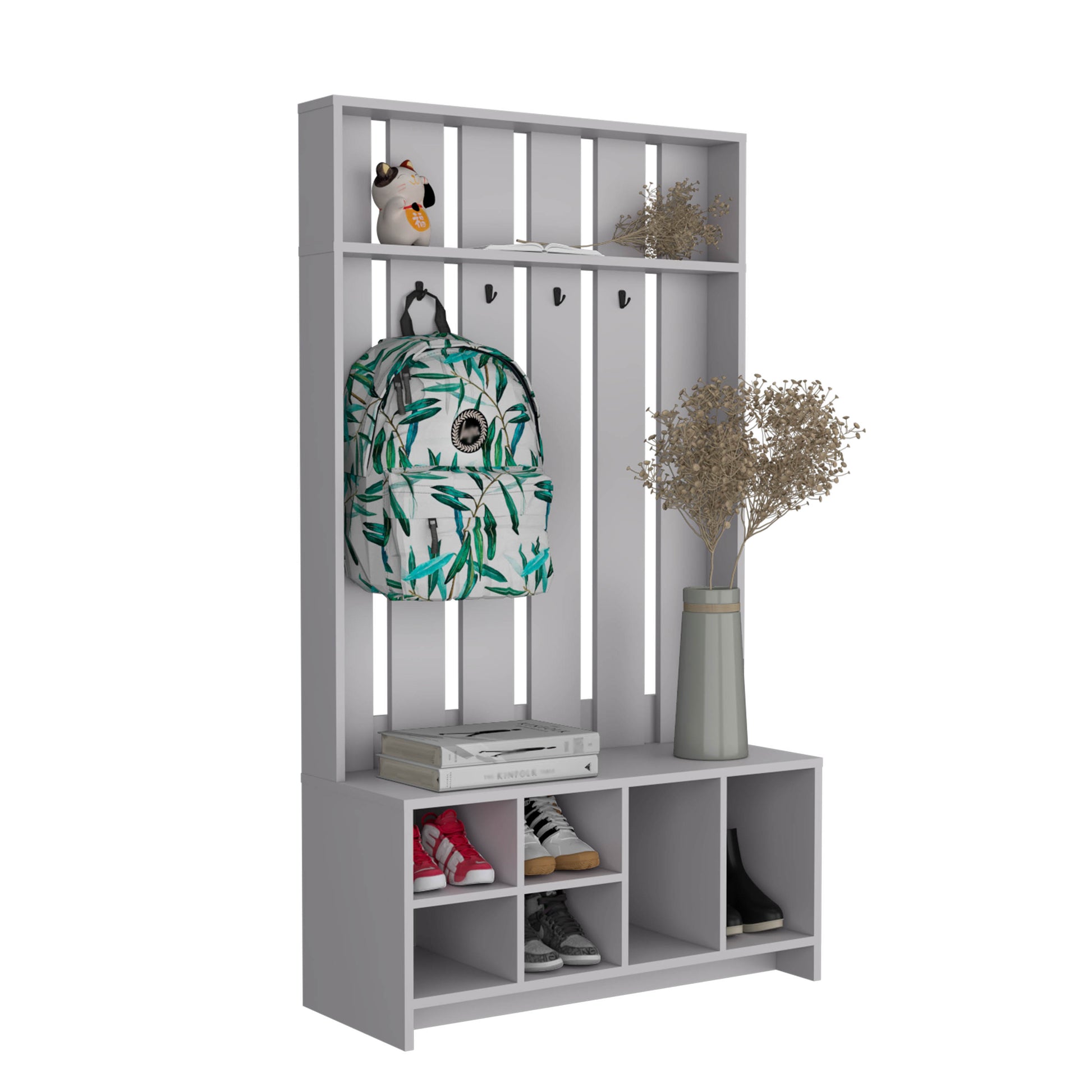 Gray entryway organizer with hooks shelves and shoe cubbies