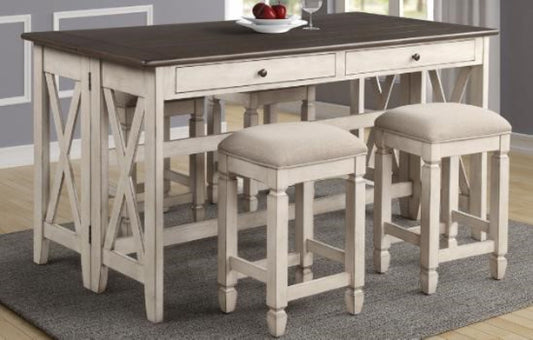 Distressed white wood counter height table with dark wood top and two upholstered stools