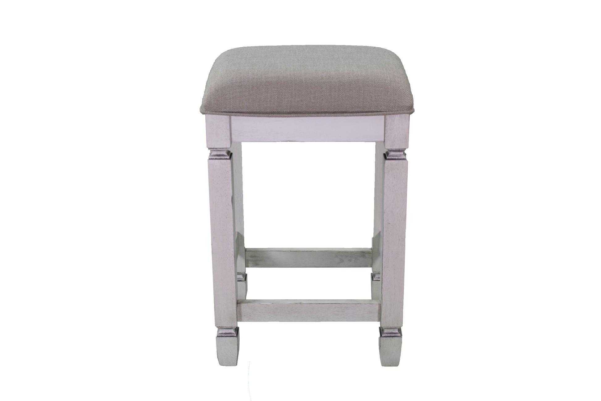 Light grey upholstered bar stool with distressed white wooden frame and footrest