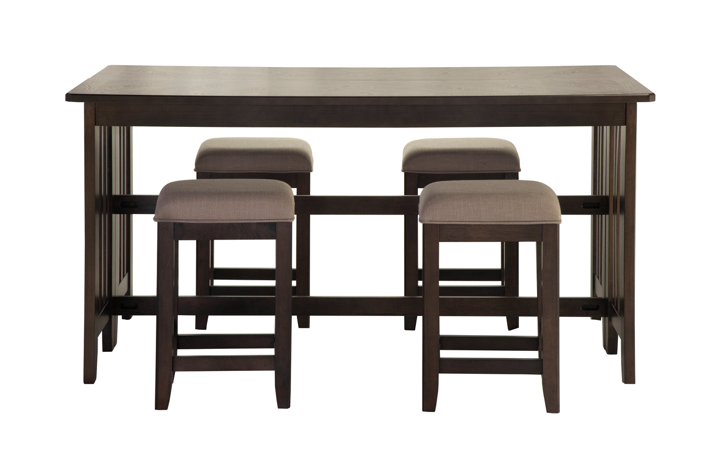 Dark wood counter height table with four upholstered stools modern design