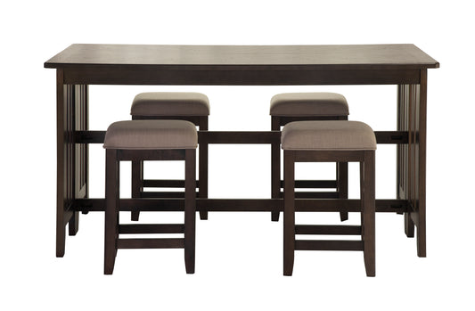 Dark wood counter height table with four upholstered stools modern design