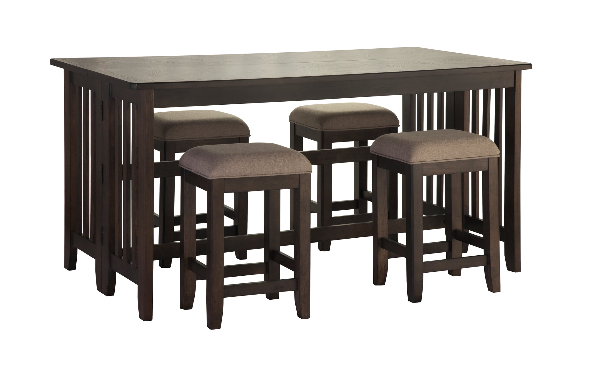 Dark wood counter height table with four upholstered stools perfect for small spaces