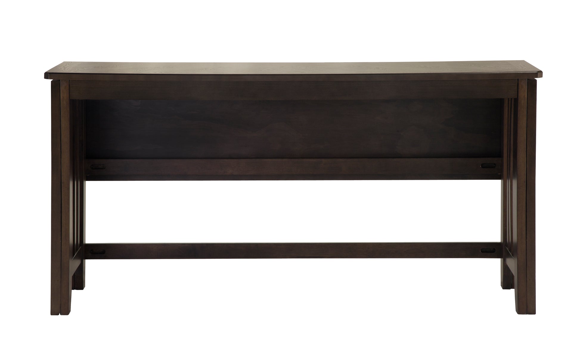 Dark espresso wood writing desk with clean lines and slatted back